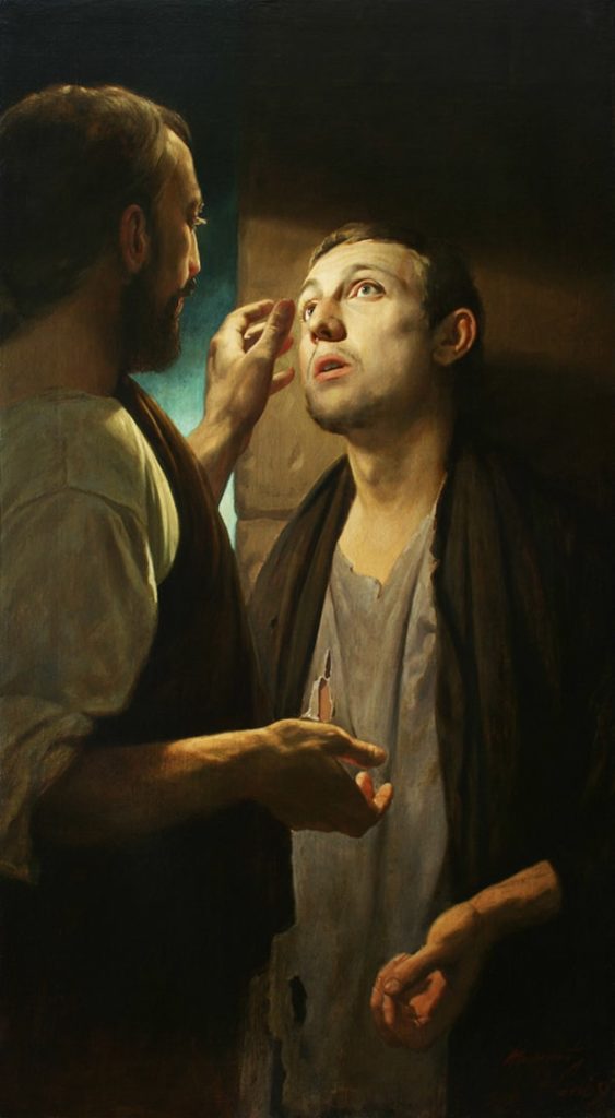 Pintura que representa como Jesús está curando un ciego. 