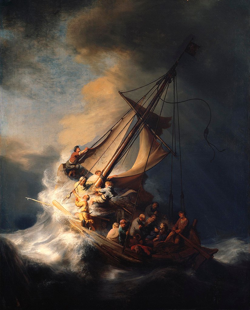 Es una pintura con un barco a vela en una tremenda tormenta. Con olas terroríficas. Dentro del barco hay una docena de hombre y Jesucristo. 
