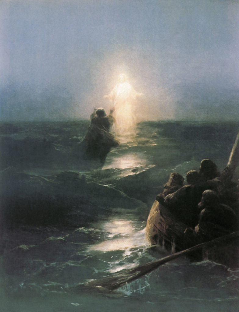 Pintura donde se ve a Jesús caminando sobre aguas turbulentas. 