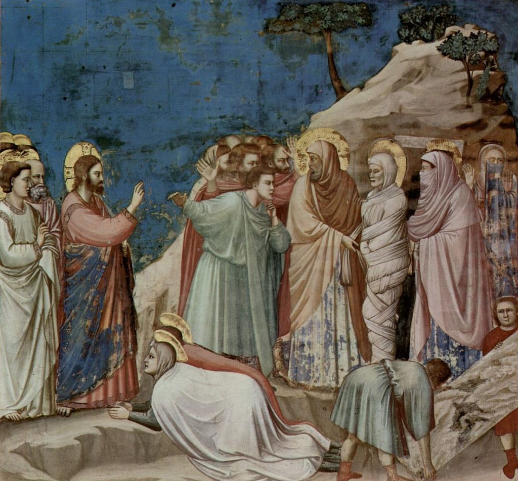 Escena pintada donde se ve como Jesús resucita a Lázaro. 
