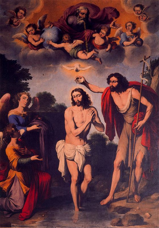 Pintura de Ignacio de Ries donde se ve el bautismo de Jesús por Juan Bautista. 