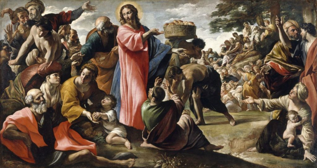 Es una pintura que representa a Jesús cuando hizo el milagro de la multiplicación de los panes y los peces. 